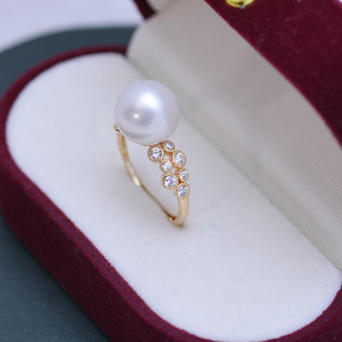 Ring 8-9mm Freshwater Pearl & Gloria CZ Ring by House of Pearls-JT, gold band with pearl centerpiece and CZ accents