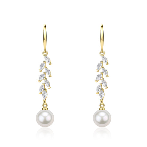 Earrings: gold-tone long-leaf cubic zirconia drops with 8–9mm freshwater pearls, House of Pearls, pair