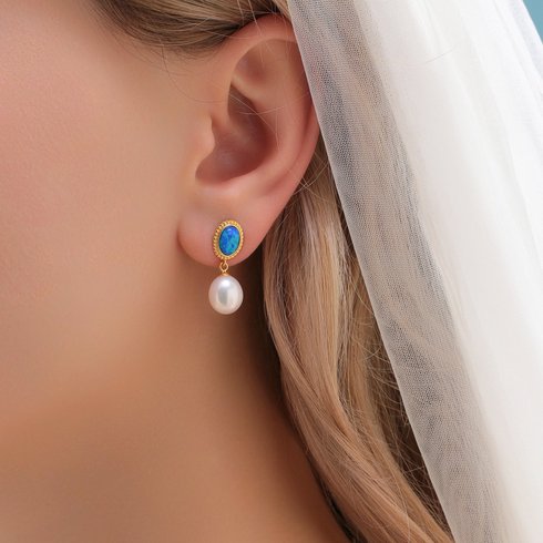 8-9mm opal and freshwater drop pearl earrings in a gold-tone beaded setting
