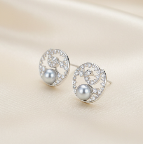 8–9mm Silver Blue Pearl Spiral Zirconia Stud Earrings pair; silver circular settings with blue-gray pearls, House Of Pearls