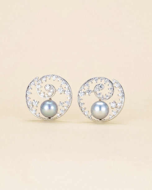 8–9mm Silver Blue Pearl Spiral Zirconia Stud Earrings - Earrings made with hand-selected pearls from House of Pearls