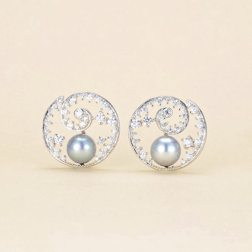 8–9mm Silver Blue Pearl Spiral Zirconia Stud Earrings, blue-gray pearls on a silver spiral with zirconia accents