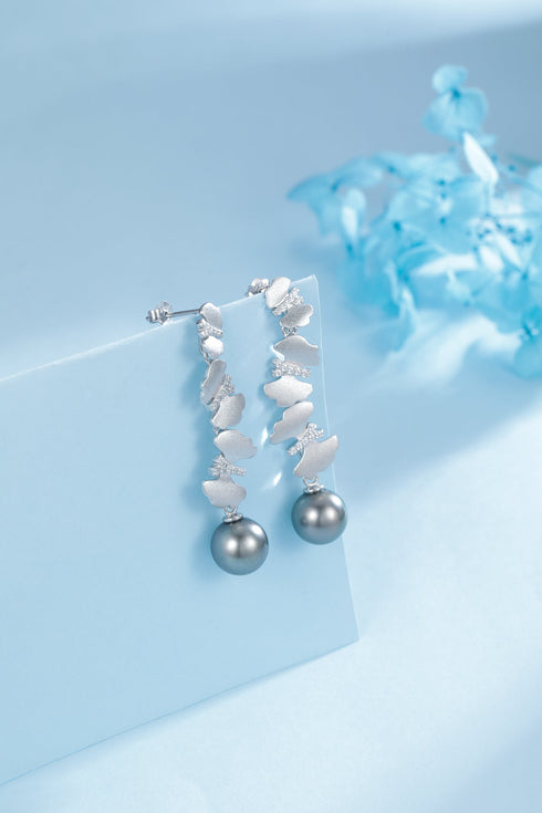 8-9mm Tahitian pearl drop earrings with S925 silver dancing butterfly links