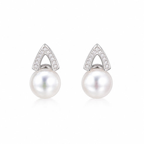 Earrings: 8-9mm Japanese Akoya CZ stud earrings with pearl drops by House Of Pearls