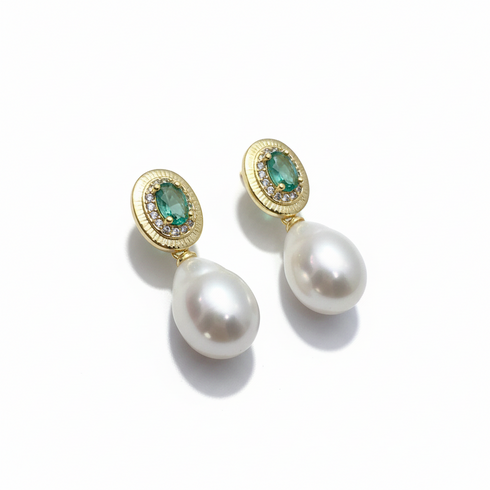 9-11mm Baroque Freshwater Pearl Drop Emerald Accent Earrings - Earrings made with hand-selected pearls from House of Pearls