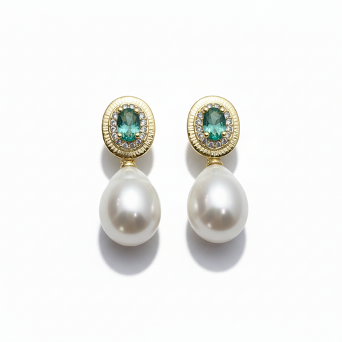 9-11mm Baroque Freshwater Pearl Drop Emerald Accent Earrings - Earrings made with hand-selected pearls from House of Pearls