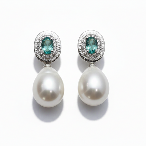 9-11mm Baroque Freshwater Pearl Drop Emerald Accent Earrings - Earrings made with hand-selected pearls from House of Pearls