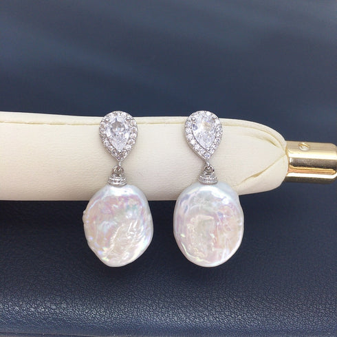 Coin Baroque Freshwater Pearl Drop Sparkling Cubic Zirconia Earrings - Earrings made with hand-selected pearls from House of Pearls