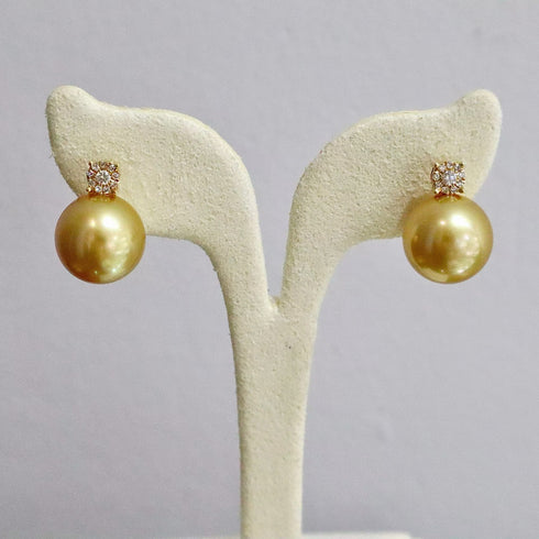 Pair of 10–12mm Golden South Sea Pearl Earrings in 18K Gold with diamond-studded tops, House Of Pearls - FT