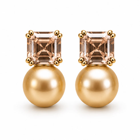Pair of earrings with square-cut champagne crystal tops in gold-tone bezels and large golden pearl drops.