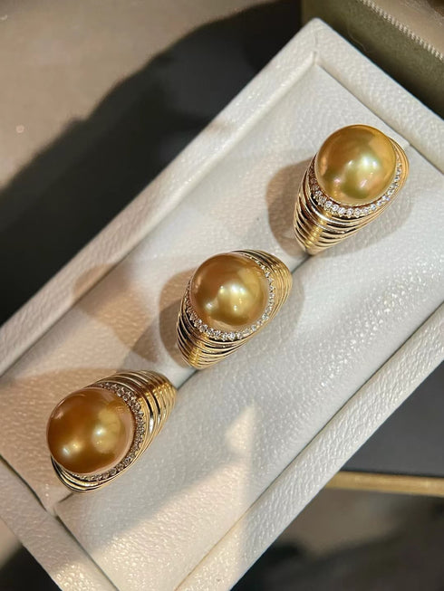 South Sea Golden Pearl Thread Ring set of 3 in gold-tone with diamond accents