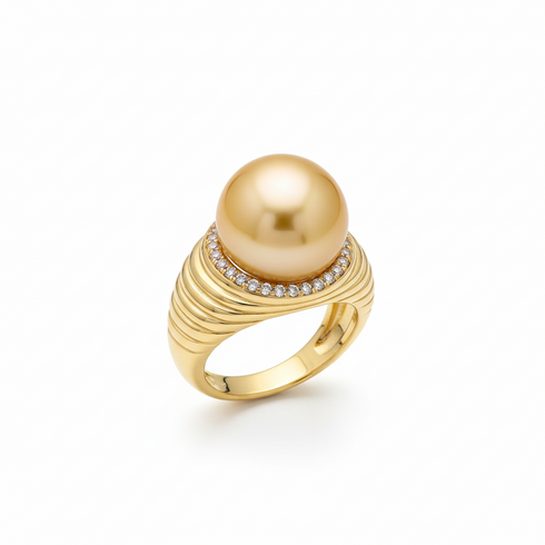South Sea Golden Pearl Thread Ring, 10-11mm pearl with diamond-accent gold band by House Of Pearls LC