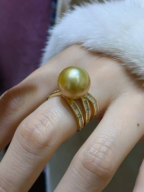 Ring 12-13mm Golden South Sea Pearl on a gold band with diamond-accented split shank, House of Pearls - MZ
