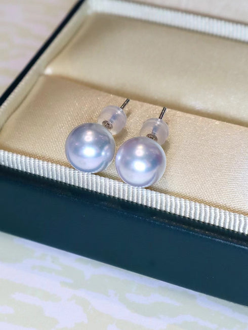8-8.5mm Silver Blue Akoya Pearl Stud Earrings 18K White Gold
