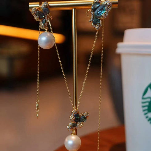 Black Mother of Pearls Butterfly Earrings & Necklace - House Of Pearls