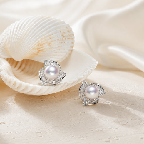 Pair of 8–9mm Akoya Pearl Geometric Swirl Stud Earrings, silver-tone, House Of Pearls