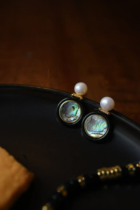 Abalone Shell, Black Agate & Freshwater Pearl Earrings, Necklace, Set