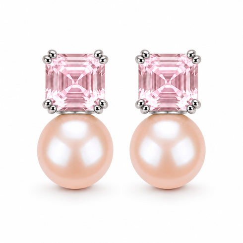 Pair of silver drop earrings with square-cut pink stones and peach pearls.