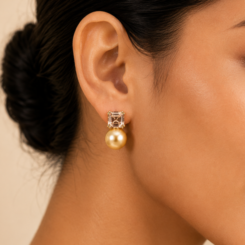 Earrings House Of Pearls TA: square-cut clear gemstone set in silver with a golden pearl drop