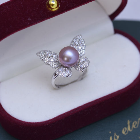 9-10mm Freshwater Pearl Butterfly &Cubic Zirconia Ring - Rings made with hand-selected pearls from House of Pearls
