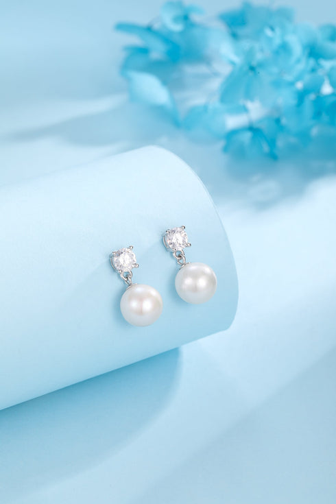 Pair of Sasha Drop Earrings with 9–10mm freshwater pearls and large zircon on silver S925, House Of Pearls