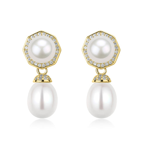 9-10mm Freshwater Rice Pearl & Amoret Earrings, pair in yellow gold with diamond halo.