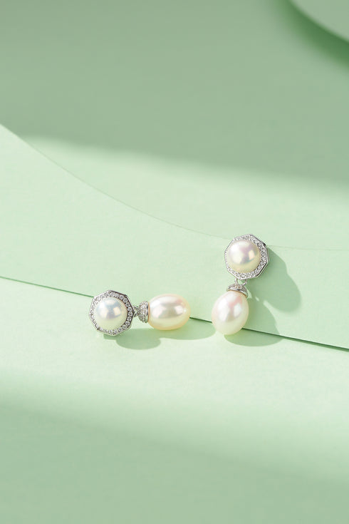 Earrings 9-10mm freshwater rice pearl Amoret pair by House Of Pearls TA with diamond halo on silver settings