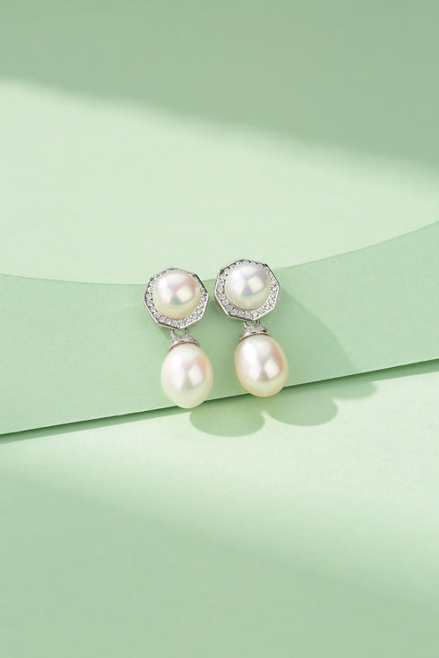 Earrings: 9-10mm freshwater rice pearl Amoret with crystal halo, drop pearl pair