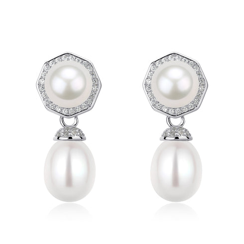 Pair of 9-10mm freshwater rice pearl Amoret earrings with pavé diamond halos in silver-tone metal