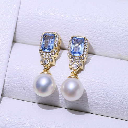 9-10mm Pearl Blue Zirconia Earrings - Earrings made with hand-selected pearls from House of Pearls