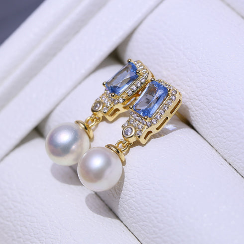 9-10mm Pearl Blue Zirconia Earrings - Earrings made with hand-selected pearls from House of Pearls
