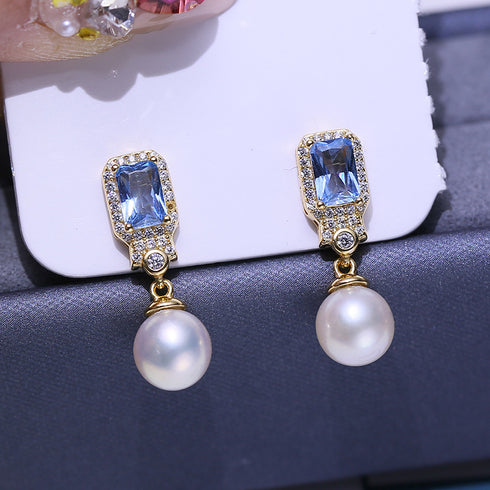 9-10mm Pearl Blue Zirconia Earrings - Earrings made with hand-selected pearls from House of Pearls
