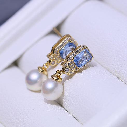 9-10mm Pearl Blue Zirconia Earrings - Earrings made with hand-selected pearls from House of Pearls