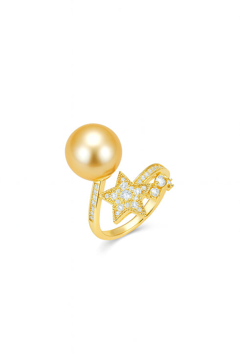 9-10mm South Sea Golden Pearl Shooting Star Cubic Zirconia Ring - Rings made with hand-selected pearls from House of Pearls