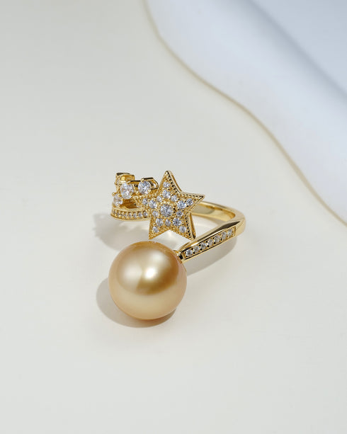 9-10mm South Sea Golden Pearl Shooting Star Cubic Zirconia Ring - Rings made with hand-selected pearls from House of Pearls