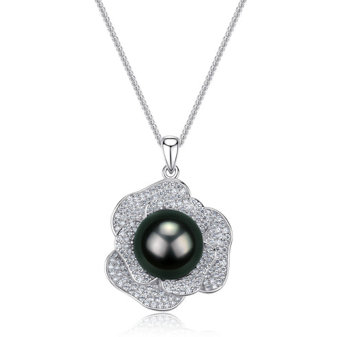 House of Pearls Miya pendant necklace with 9-10mm Tahitian black pearl in a diamond halo on a silver chain