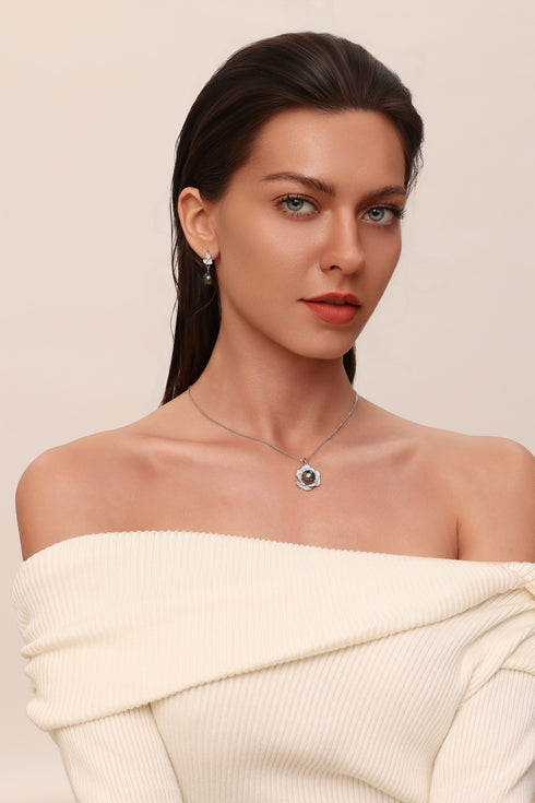 2-piece Miya pendant necklace with matching pearl earrings, 9–10mm Tahitian black pearl, silver floral setting