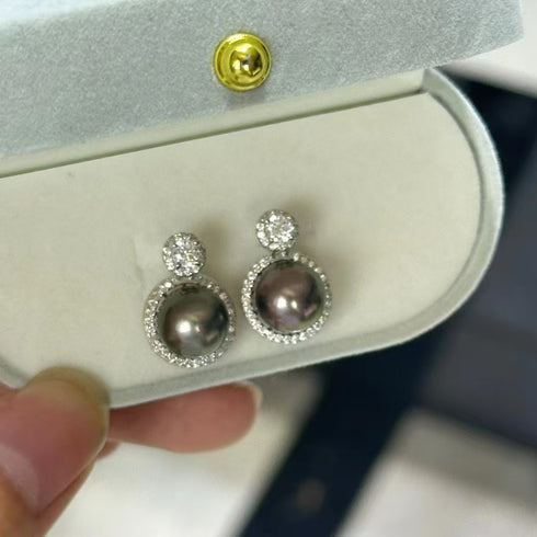 9-10mm Tahitian Pearl & Eline CZ Earrings - Earrings made with hand-selected pearls from House of Pearls