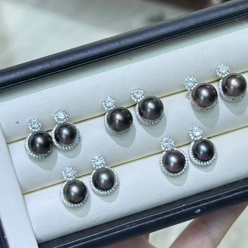 9-10mm Tahitian Pearl & Eline CZ Earrings - Earrings made with hand-selected pearls from House of Pearls