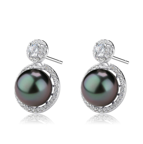 9-10mm Tahitian Pearl & Eline CZ Earrings - Earrings made with hand-selected pearls from House of Pearls