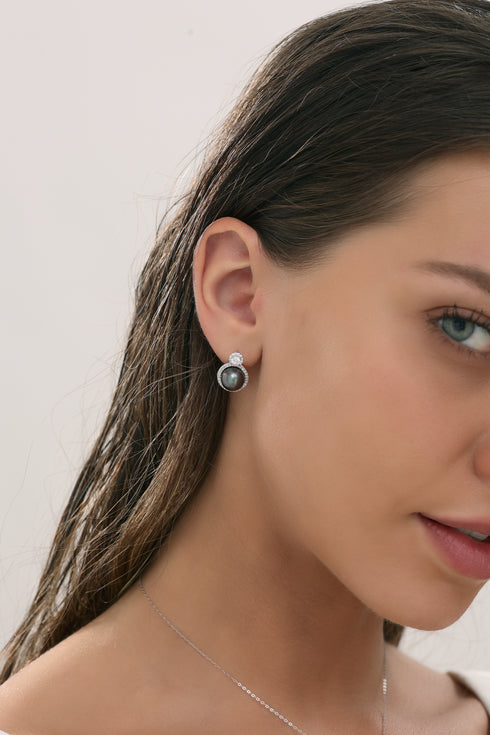 9-10mm Tahitian Pearl & Eline CZ Earrings - Earrings made with hand-selected pearls from House of Pearls