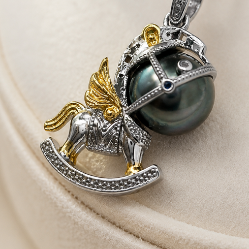 Tahitian Pearl Horse Pendant Necklace by House of Pearls, silver horse with gold accents and green Tahitian pearl.