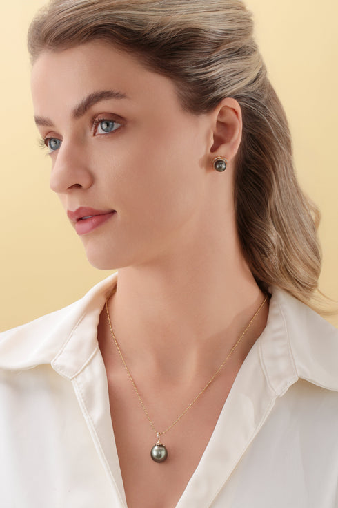 9-10mm Tahitian pearl earrings and necklace set with dark gray pearls and rose-gold accents