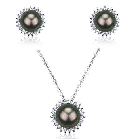 9–10mm Tahitian Pearl Zirconia Sunflower Necklace & Earring Set - Sets made with hand-selected pearls from House of Pearls