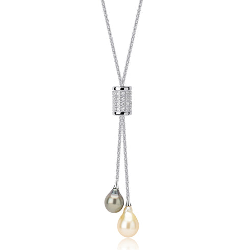 9-11mm Double Pearl Pendant Necklace on a silver chain with multi-color pearl drops