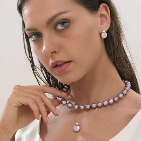 9-11mm purple freshwater pearl necklace set (3-piece) with pendant necklace and pearl stud earrings
