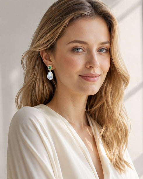 Earrings: 9-11mm baroque freshwater pearl drop with emerald accent, gold setting, House of Pearls - SY.