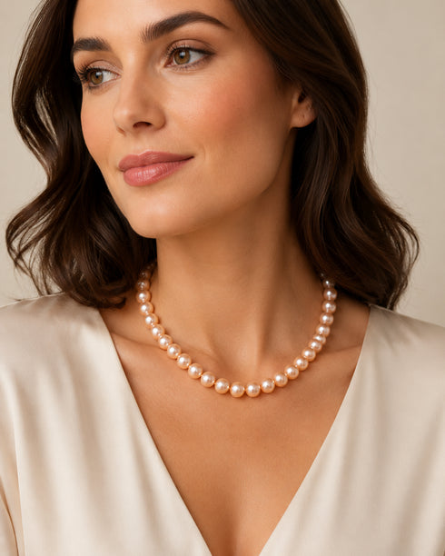 Pearl necklace with peach pink Edison pearls, single strand