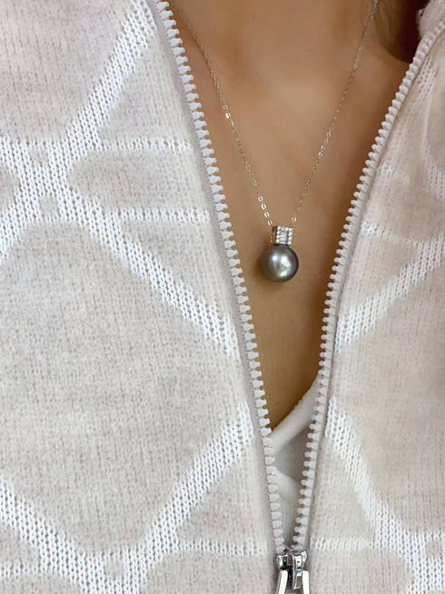 House of Pearls MZ 11-12mm Classic Icy Glow Tahitian Pearl Necklace with diamond-studded bail