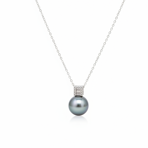 11-12mm Classic Icy Glow Tahitian pearl necklace with diamond-set bail on silver chain
